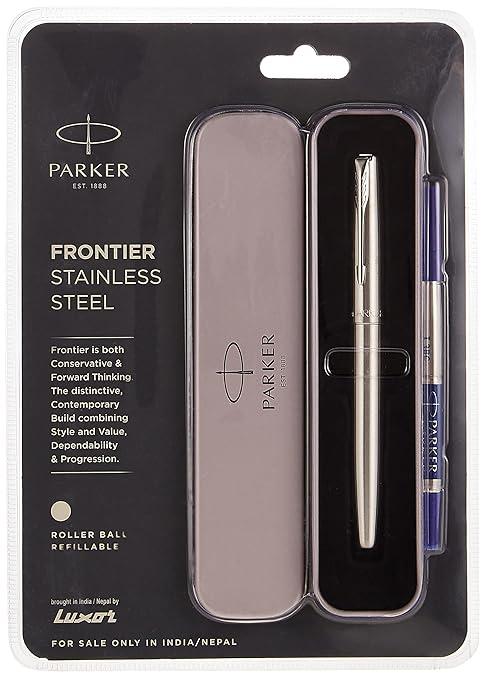 Parker Frontier Stainless Steel | Chrom Trim | Roller Ball Pen | Refillable (1 Count, Pack of 1, Ink - Blue) | Well-suited for gift-giving | Leading pen for corporate and student needs